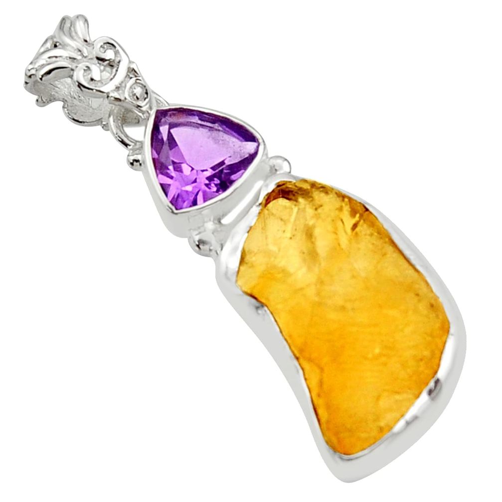 925 sterling silver 15.08cts yellow citrine rough purple amethyst pendant r29811