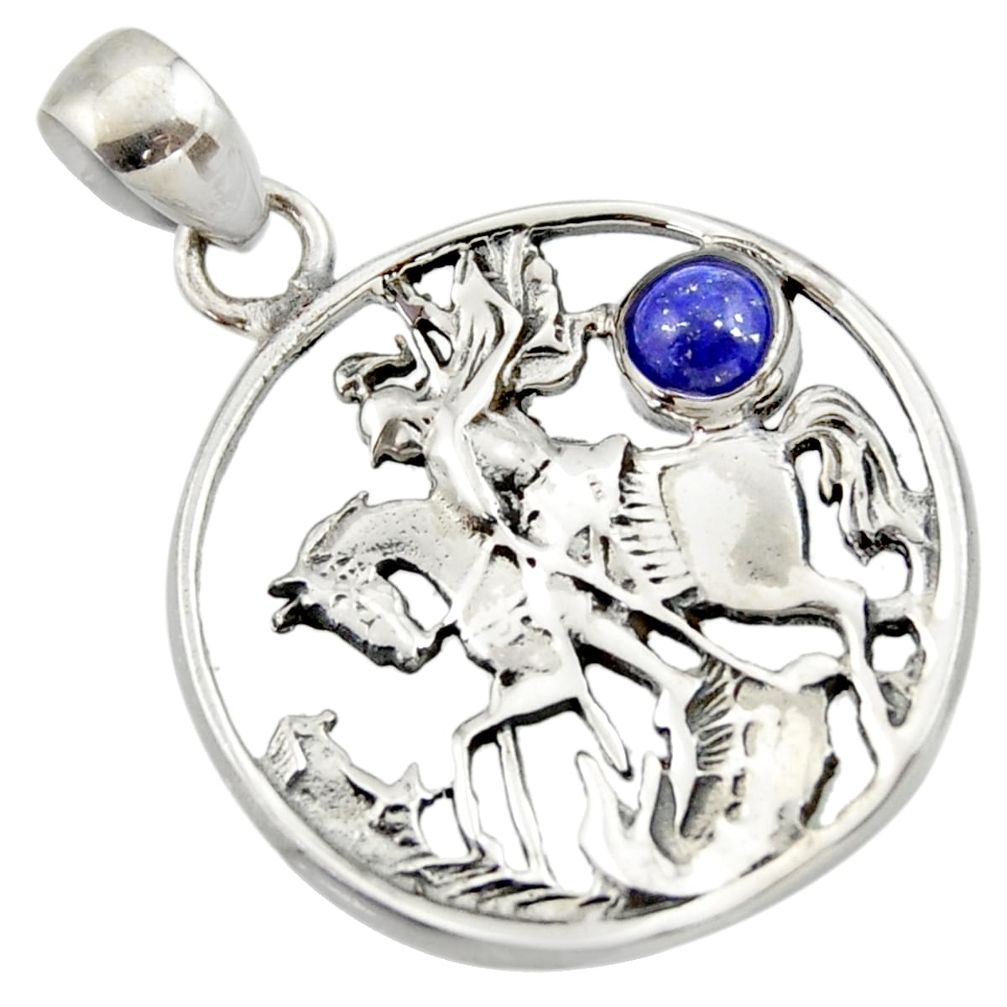 925 sterling silver 0.75cts natural blue lapis lazuli round horse pendant d33163