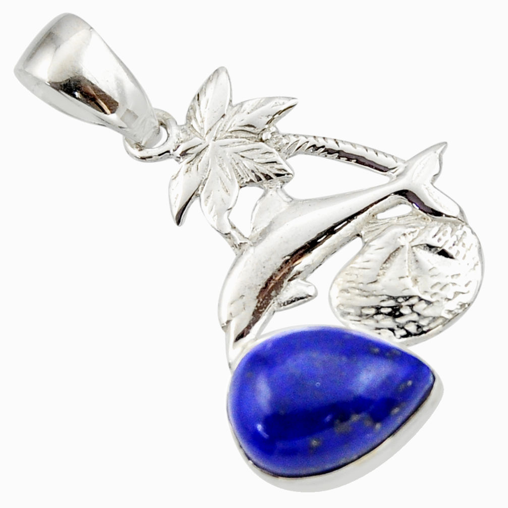 925 silver 6.10cts natural blue lapis lazuli pear shape dolphin pendant d33175