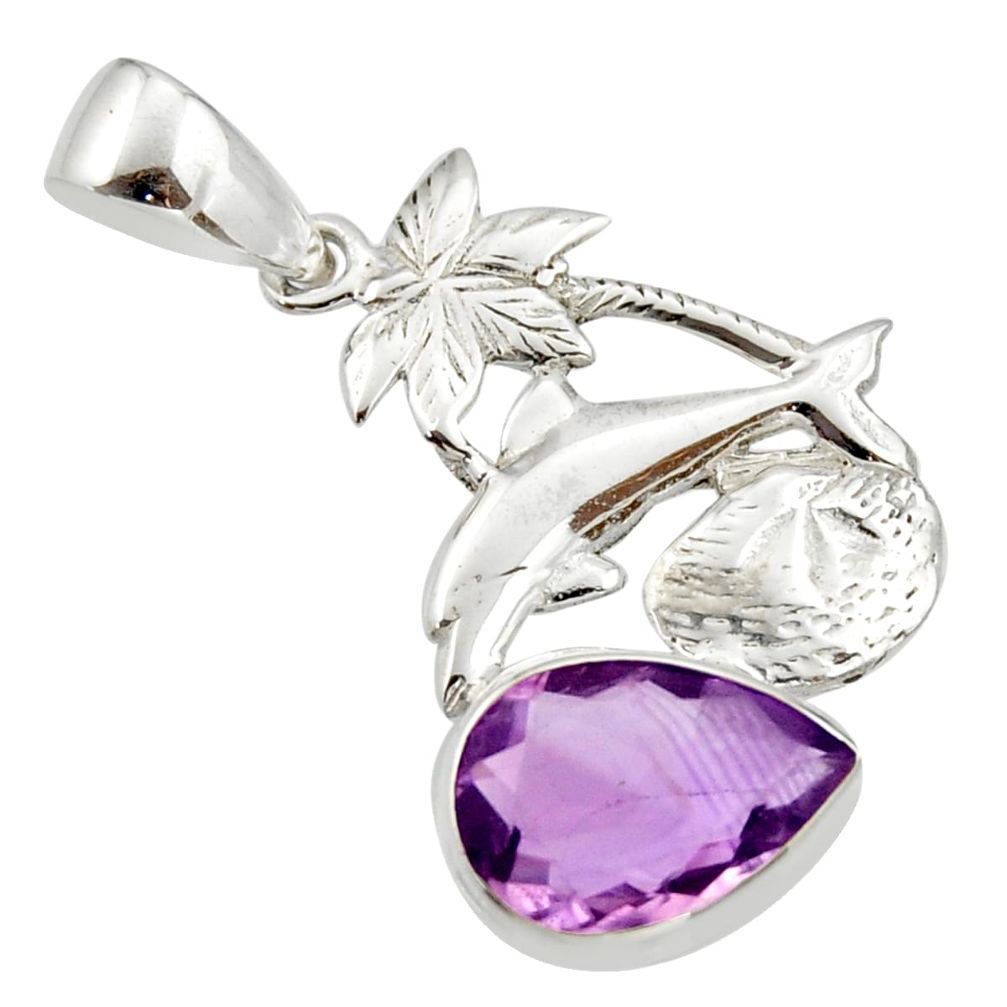 5.23cts natural purple amethyst 925 sterling silver dolphin pendant d33176