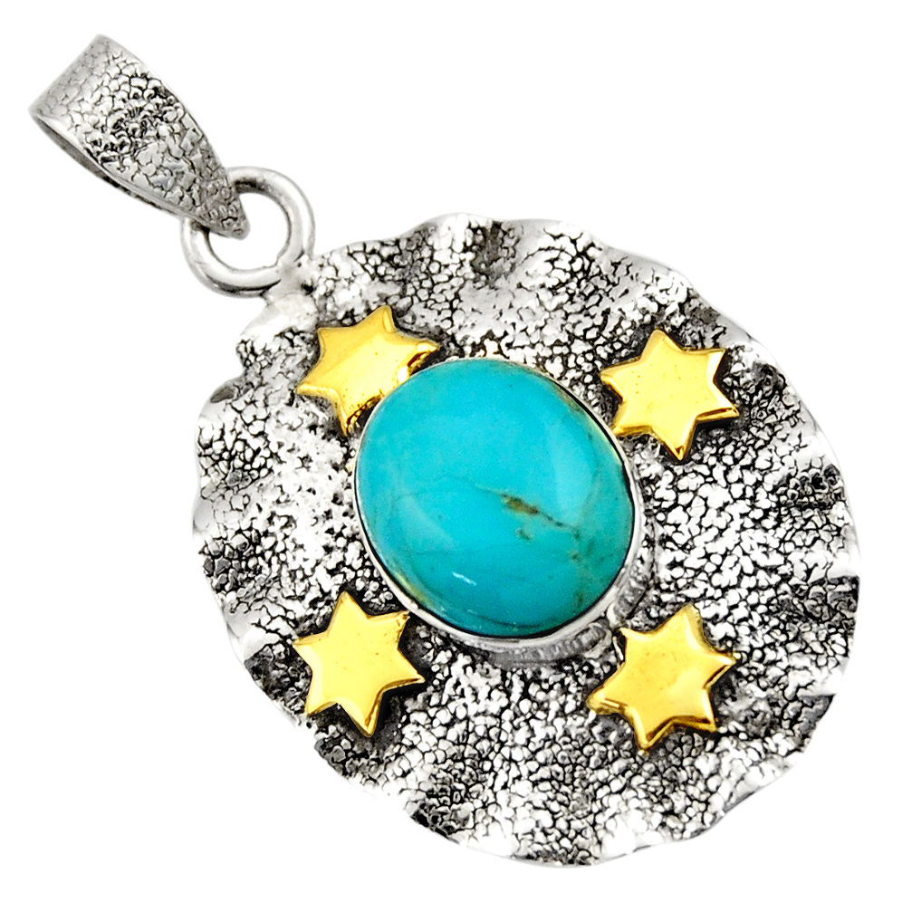5.28cts victorian arizona mohave turquoise 925 silver two tone pendant d33261
