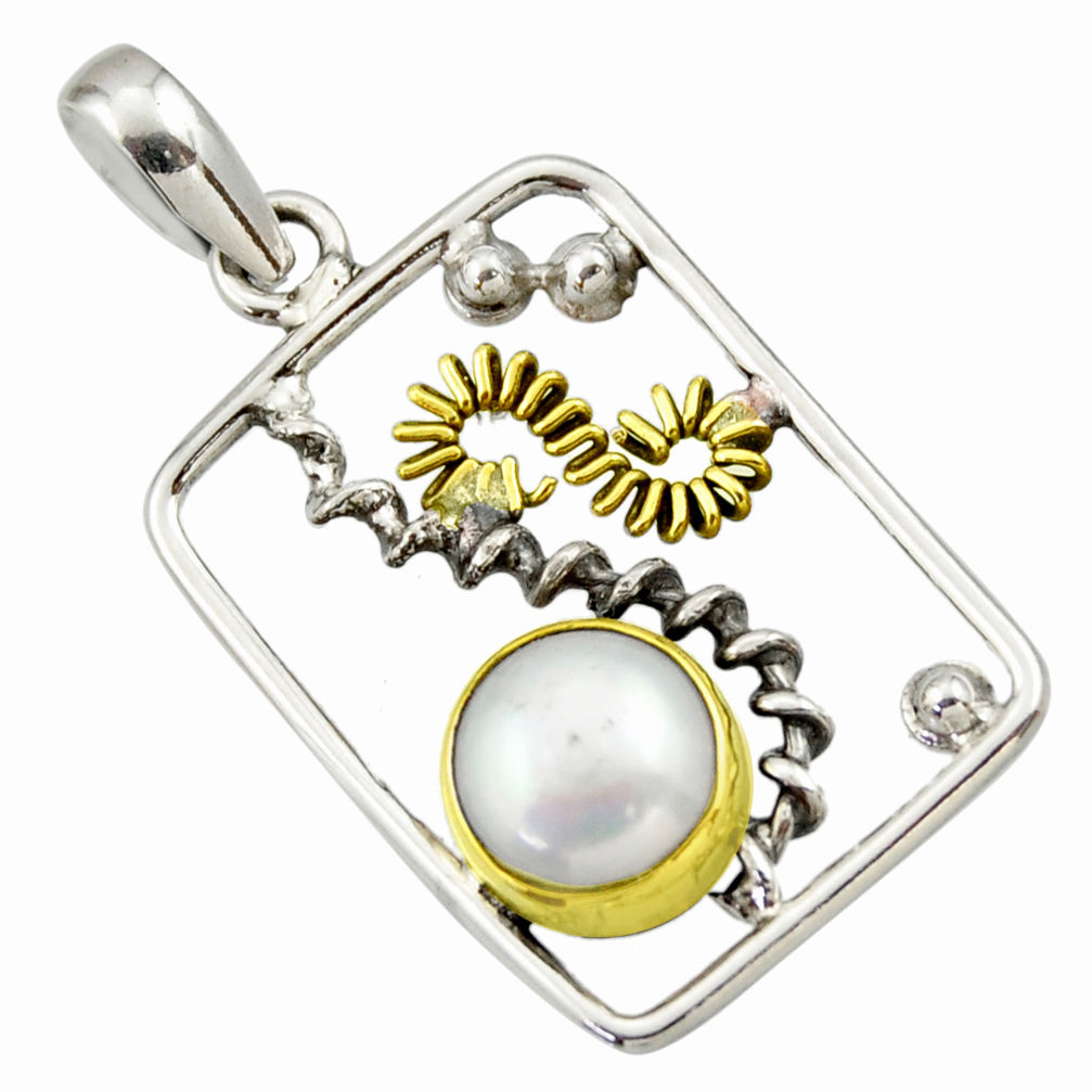 5.11cts victorian natural white pearl round 925 silver two tone pendant d33301