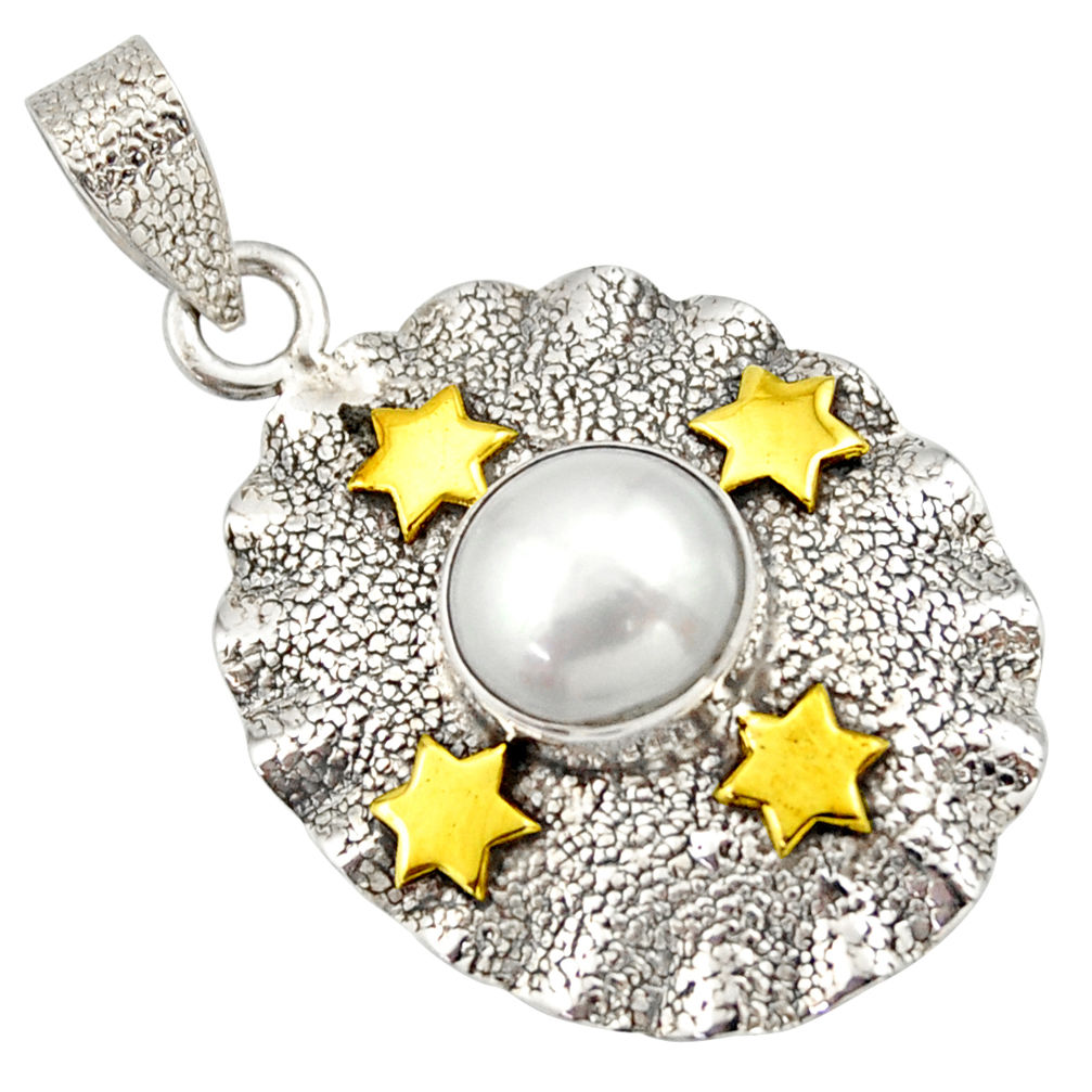 5.52cts victorian natural white pearl round 925 silver two tone pendant d33302