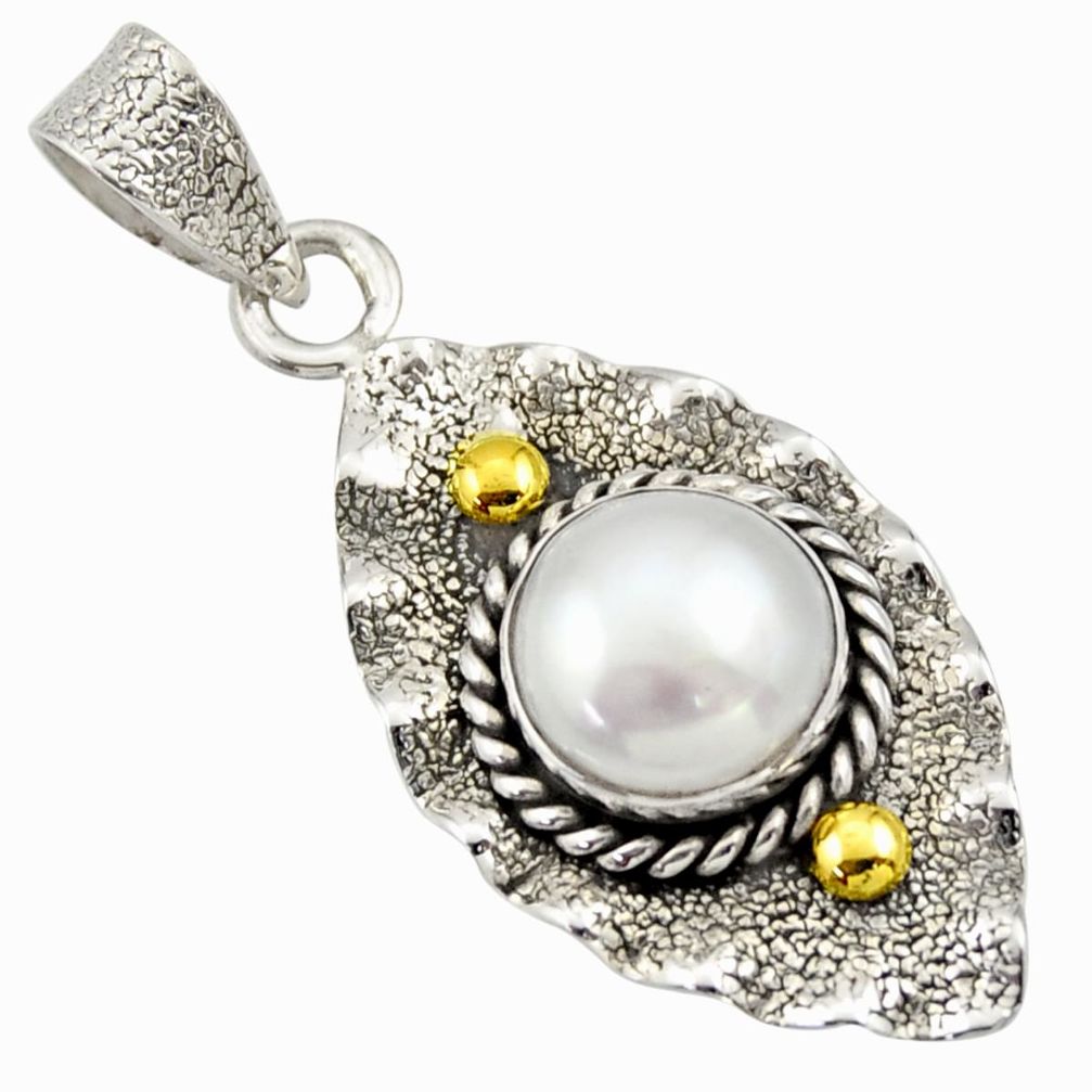 4.69cts victorian natural white pearl 925 silver two tone pendant d33305