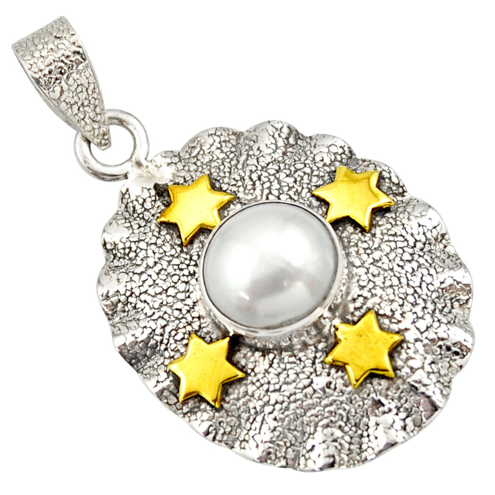 5.28cts victorian natural white pearl 925 silver two tone pendant d33311