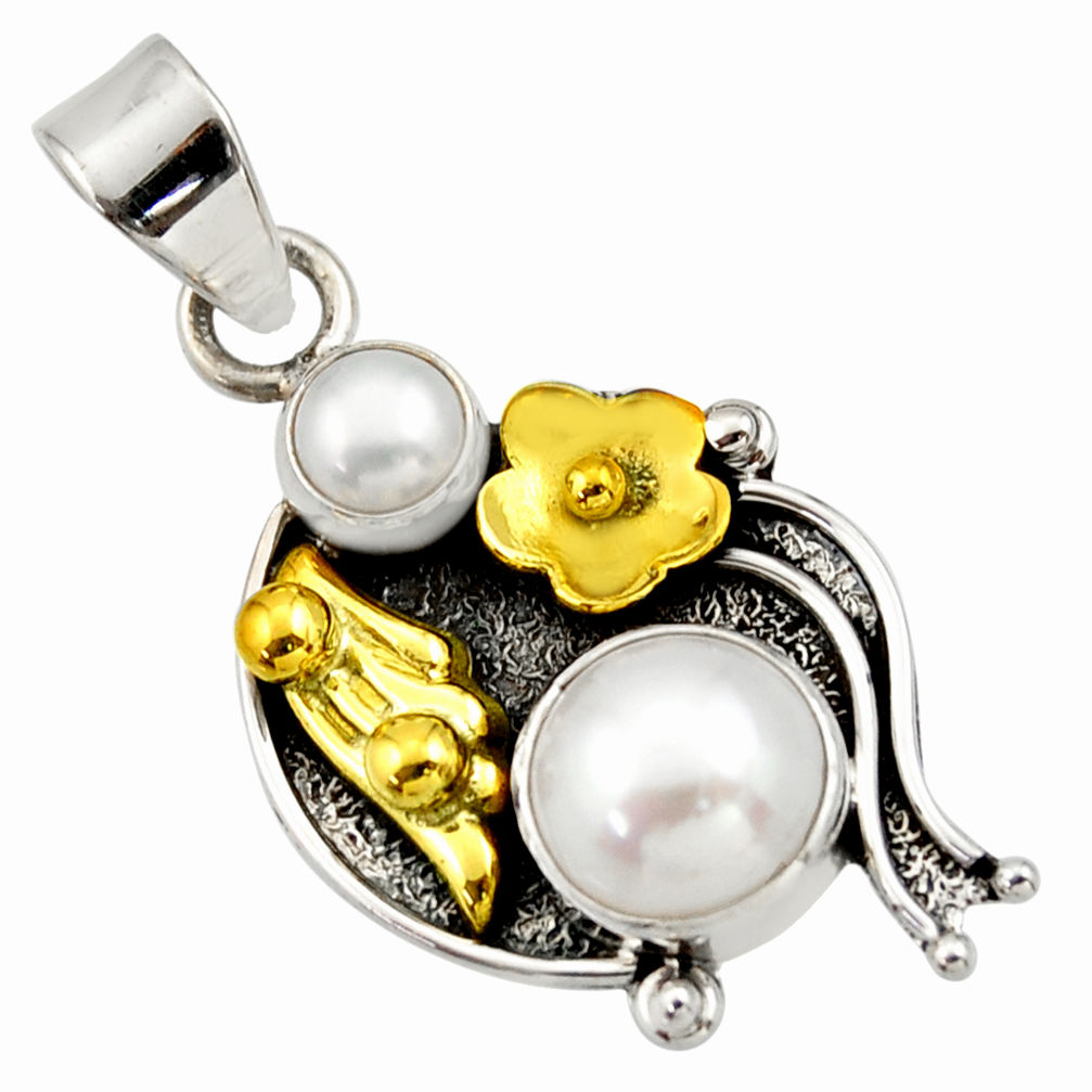 5.87cts victorian natural white pearl 925 silver two tone pendant d33315