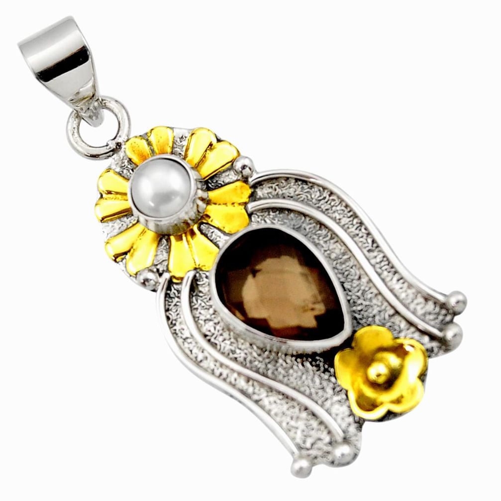 925 silver 5.27cts victorian brown smoky topaz pearl two tone pendant d33324