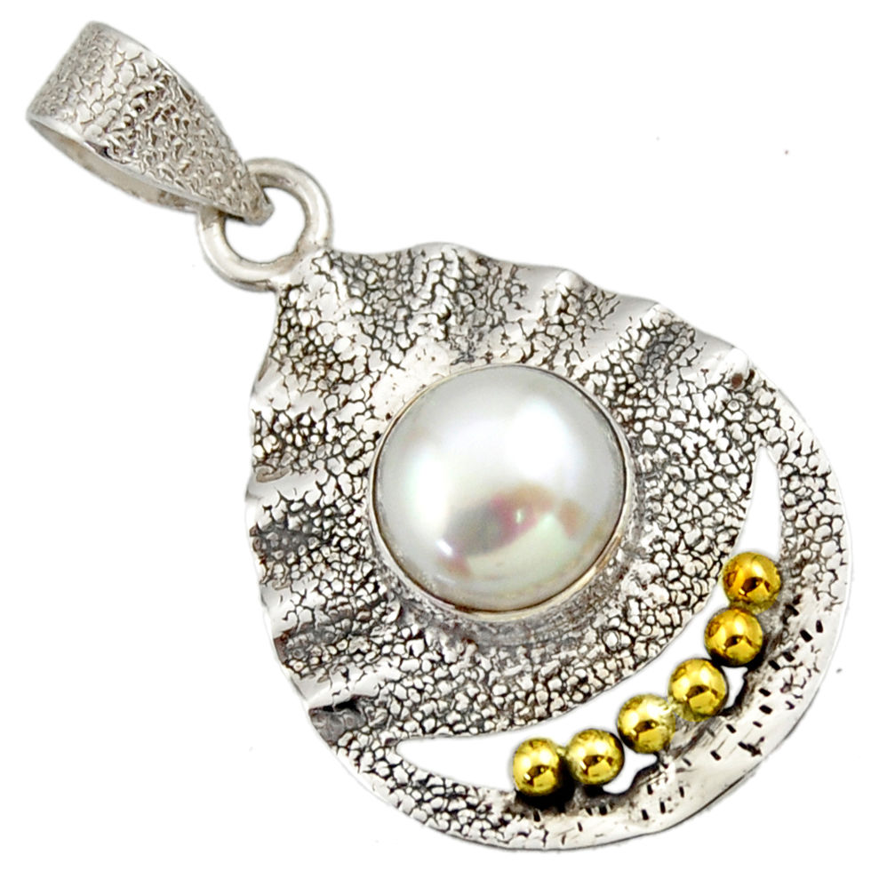 5.38cts victorian natural white pearl 925 silver two tone pendant d33341