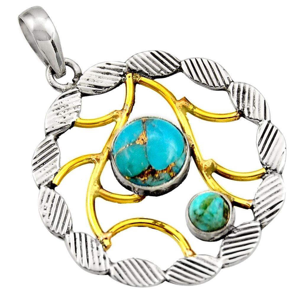 4.38cts victorian blue copper turquoise 925 silver two tone pendant d33350