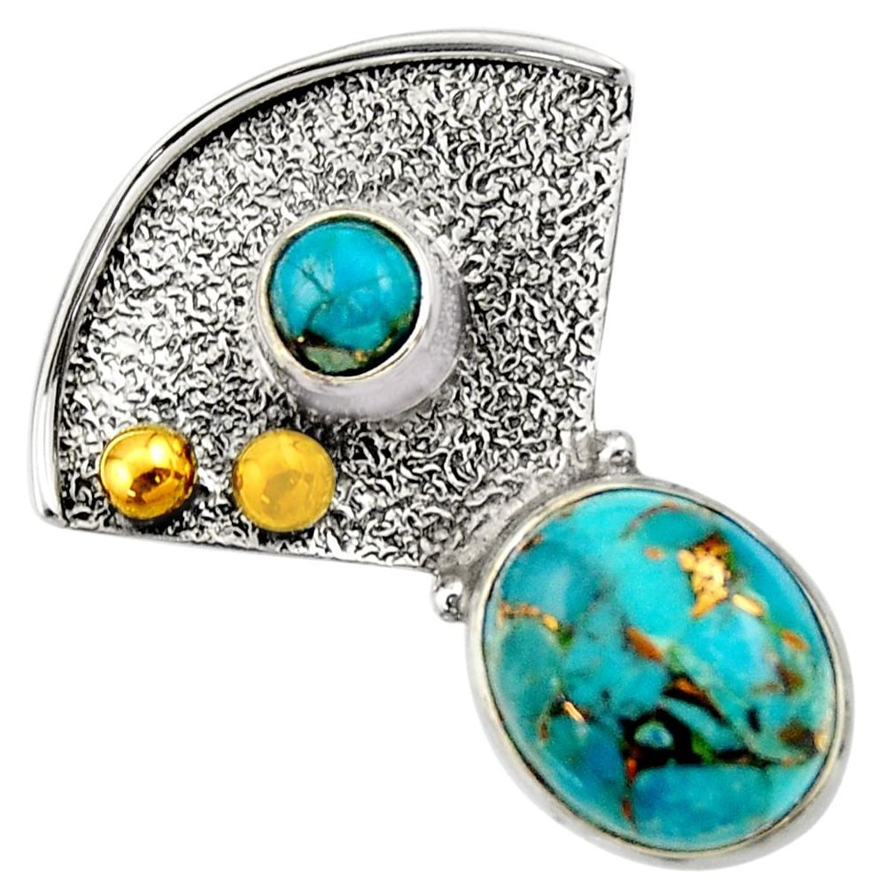 5.54cts victorian blue copper turquoise 925 silver two tone pendant d33351