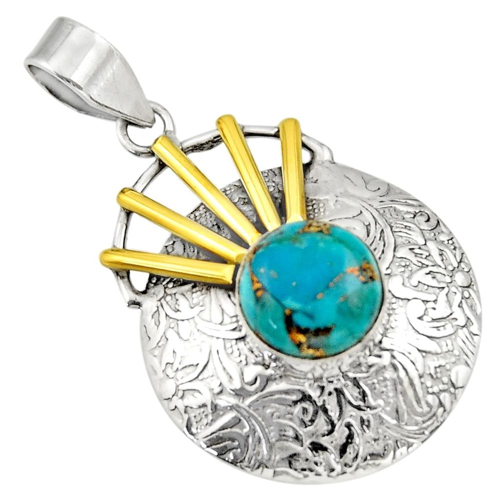 5.53cts victorian blue copper turquoise 925 silver two tone pendant d33357