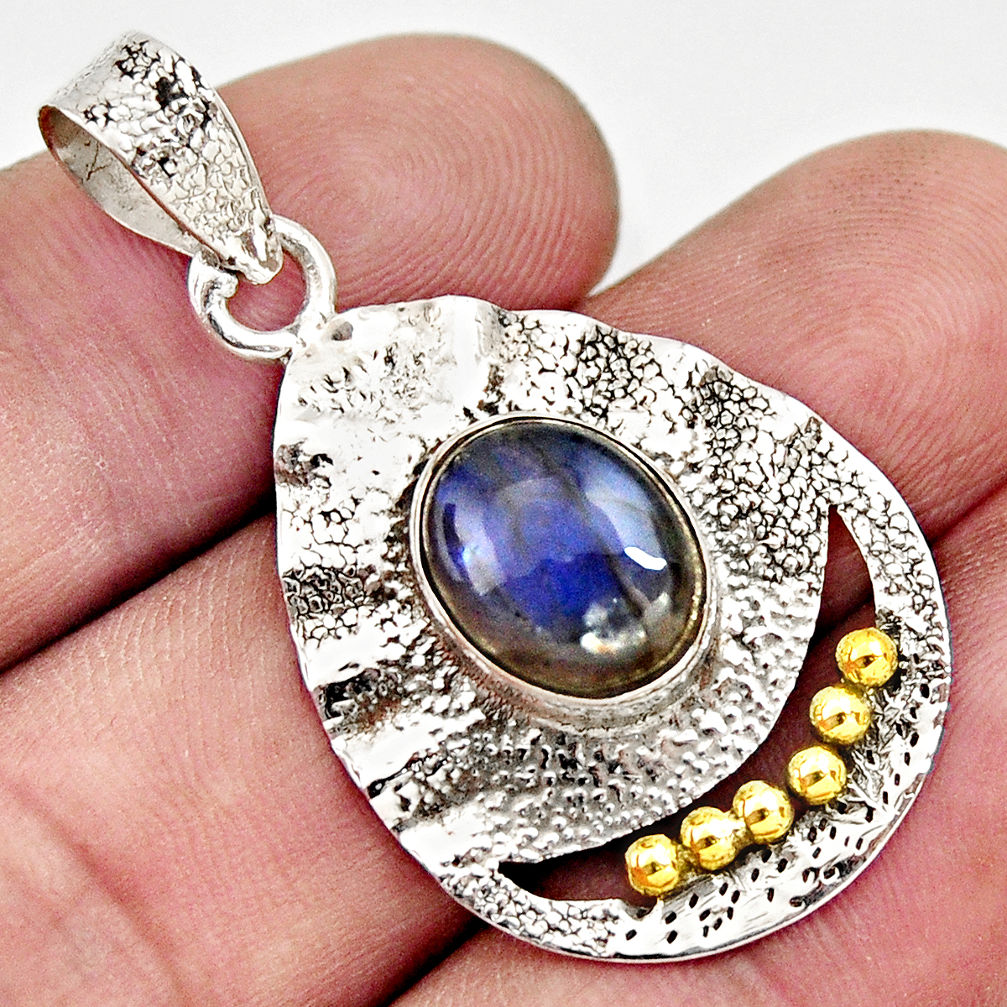 925 silver 5.16cts victorian natural blue labradorite two tone pendant d33377