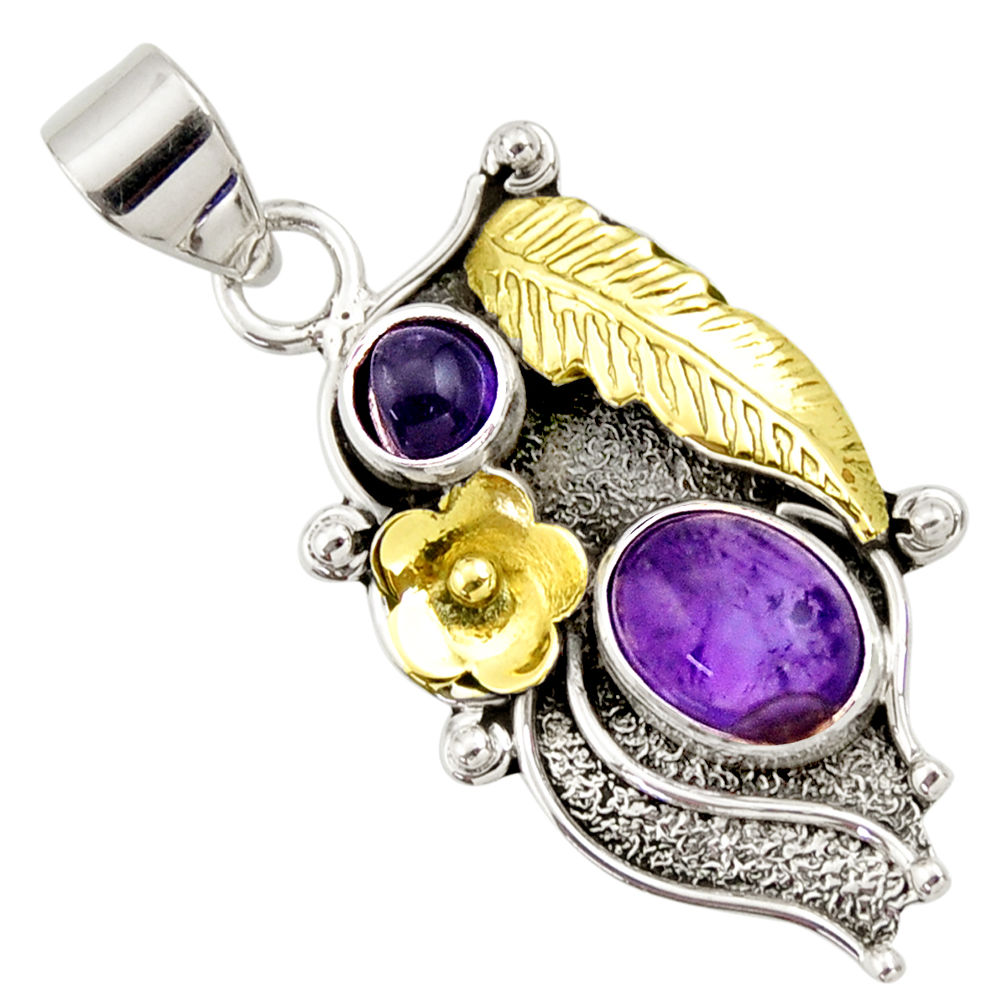 4.40cts victorian natural purple amethyst 925 silver two tone pendant d33394