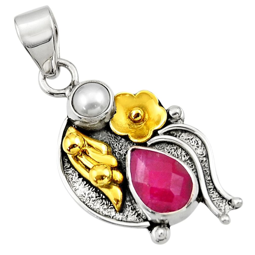 4.40cts victorian natural red ruby pearl 925 silver two tone pendant d33412