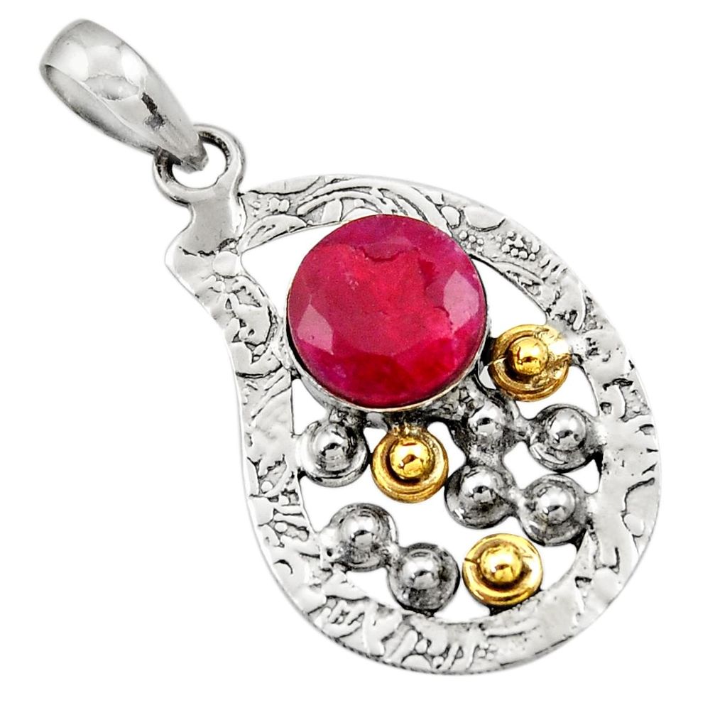 4.93cts victorian natural red ruby 925 sterling silver two tone pendant d33417