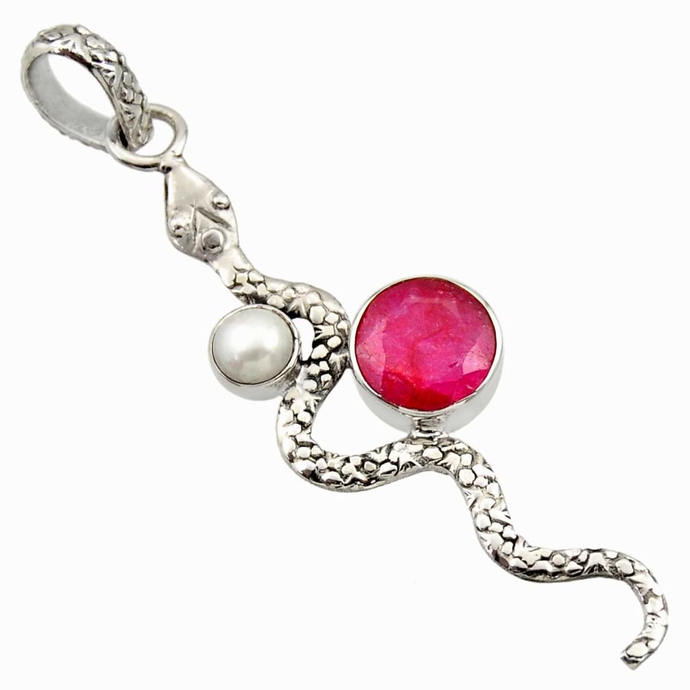 5.12cts natural red ruby pearl 925 sterling silver snake pendant jewelry d33449