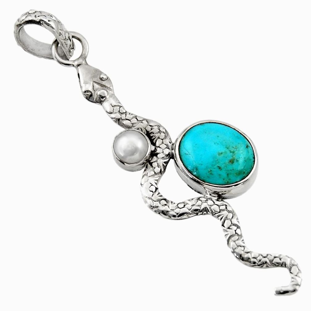 925 silver 5.82cts green arizona mohave turquoise pearl snake pendant d33508