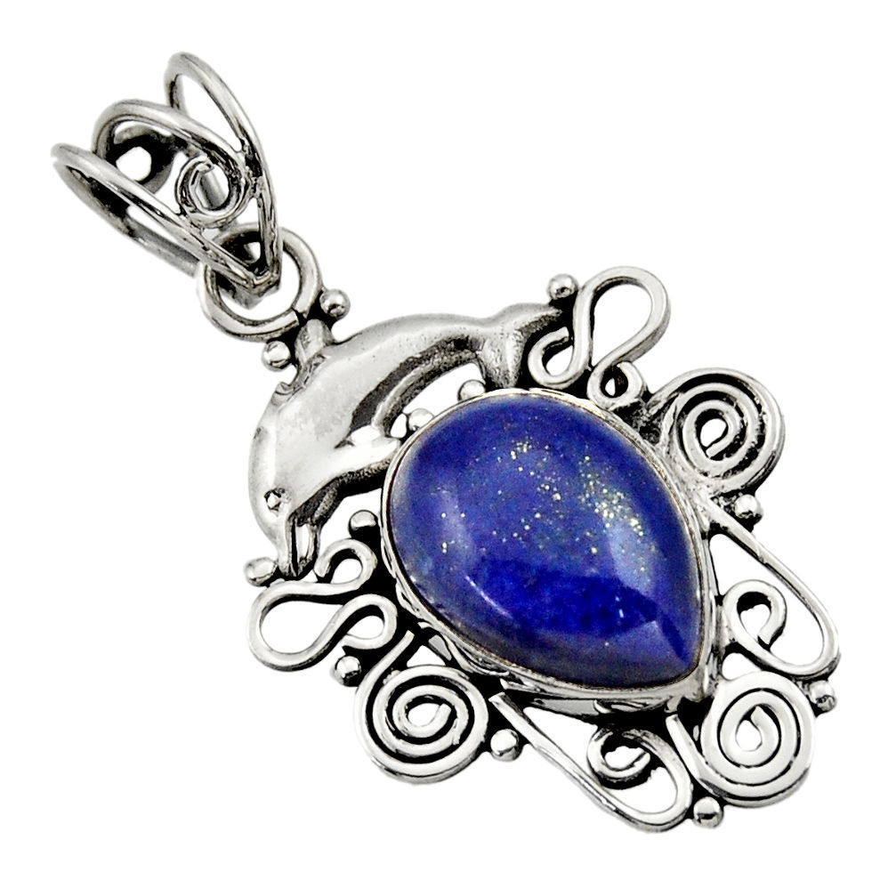 925 silver 6.26cts natural blue lapis lazuli pear shape dolphin pendant d33537