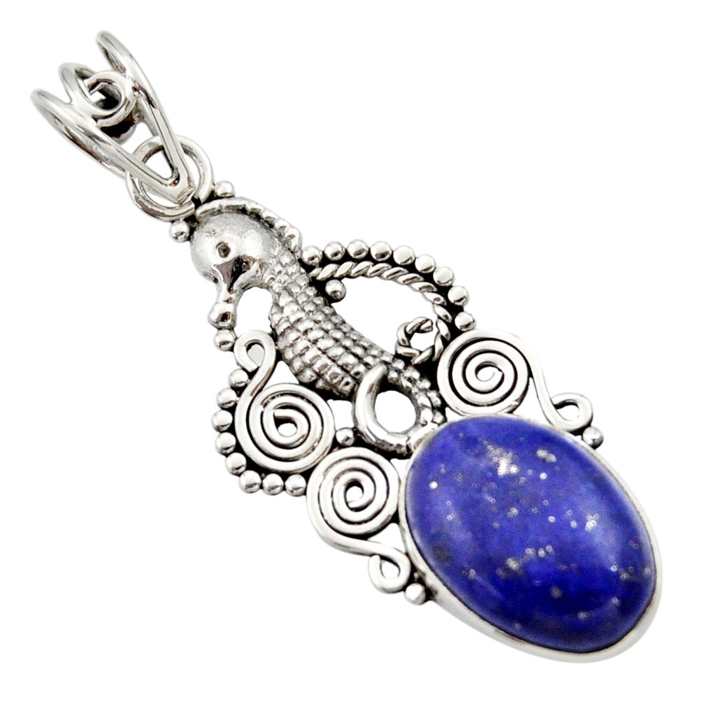 6.36cts natural blue lapis lazuli 925 sterling silver seahorse pendant d33591