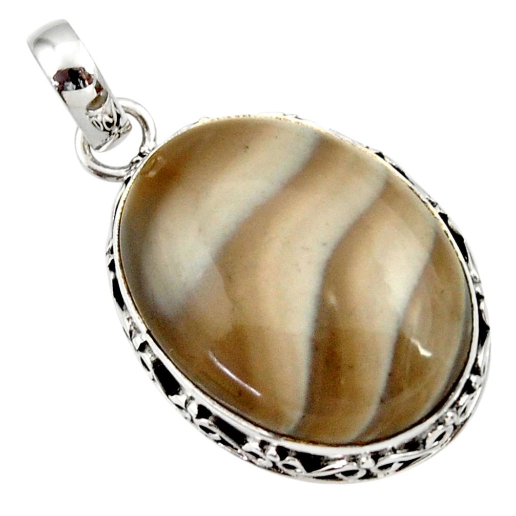 925 sterling silver 17.57cts natural grey striped flint ohio oval pendant d33664