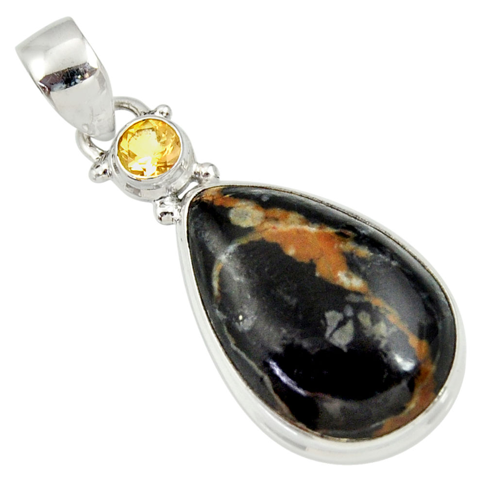 17.18cts natural black picasso jasper citrine 925 sterling silver pendant d33690