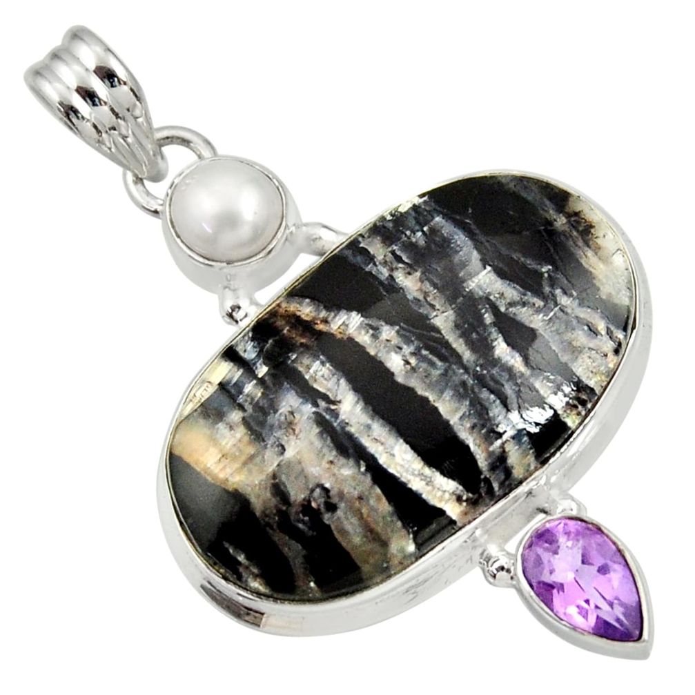 25.00cts natural black banded oil shale amethyst 925 silver pendant d33693