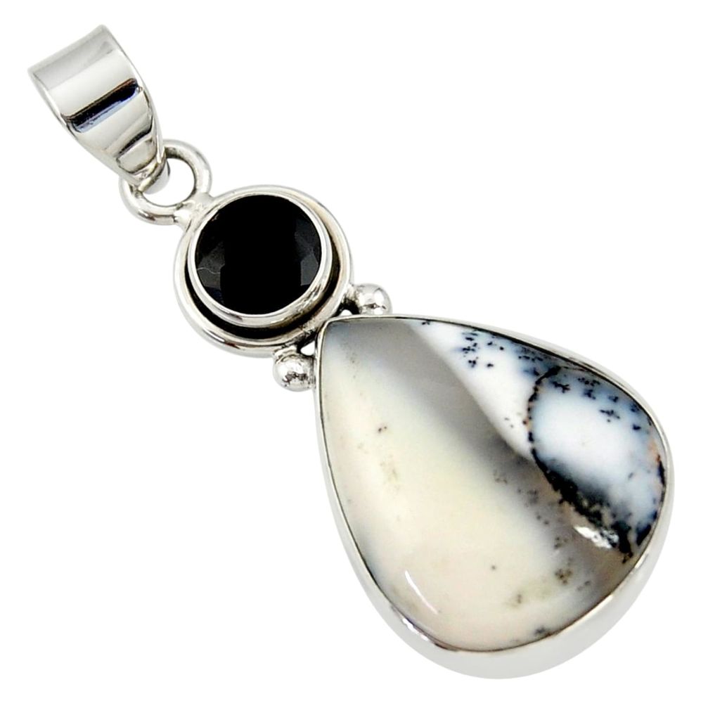 15.05cts natural white dendrite opal (merlinite) onyx 925 silver pendant d33698