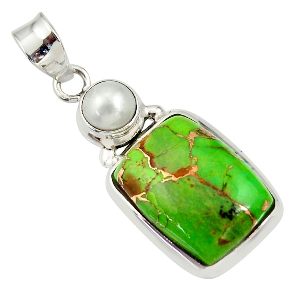 16.73cts green copper turquoise pearl 925 sterling silver pendant jewelry d33700