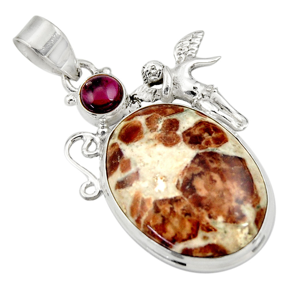 Natural garnet in limestone spessartine silver angel wings fairy pendant d33702