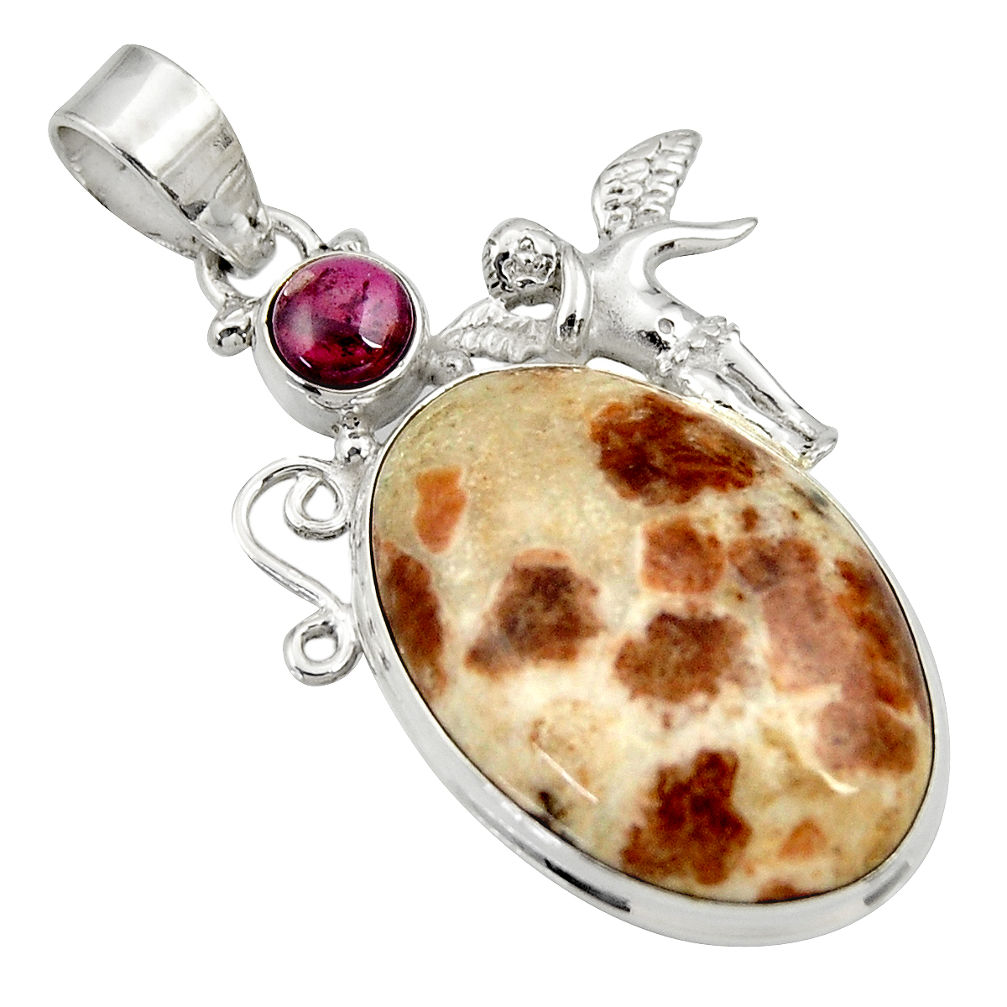 Natural garnet in limestone spessartine silver angel wings fairy pendant d33704