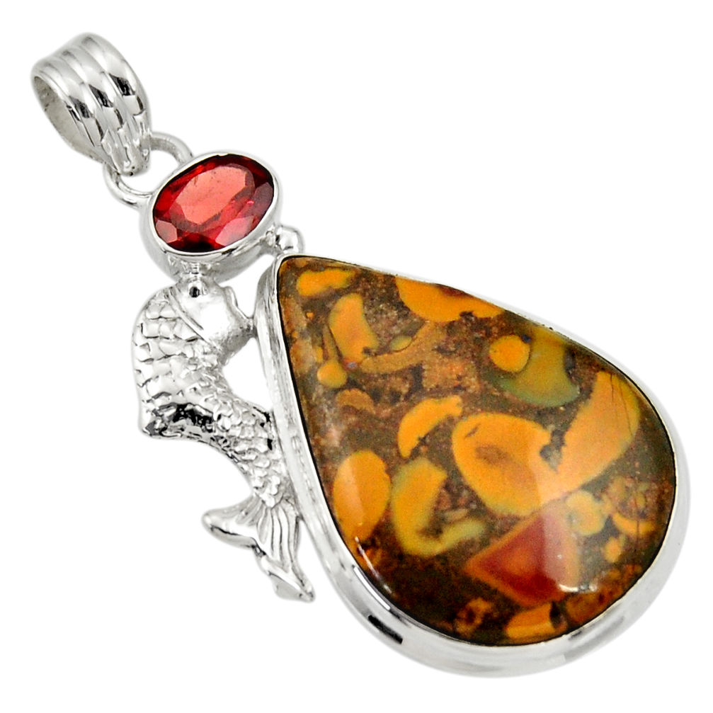 925 silver 26.65cts natural brown bamboo leaf jasper garnet fish pendant d33735