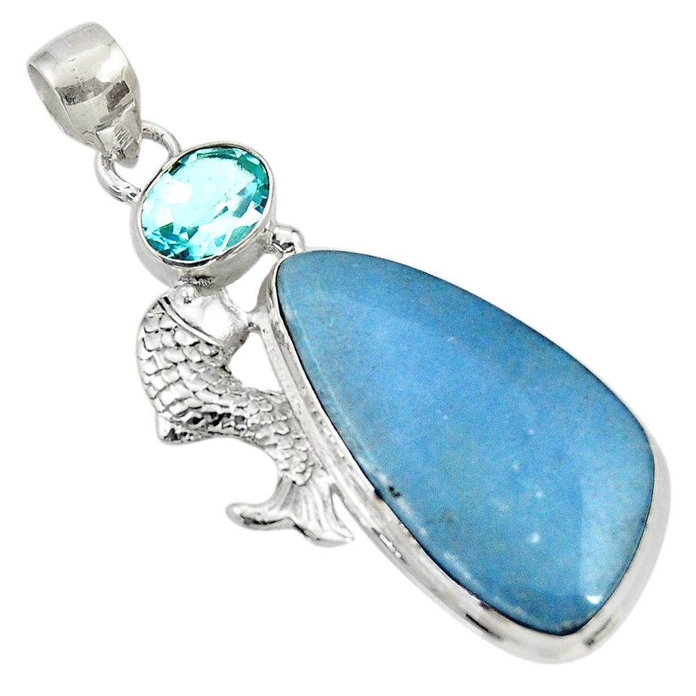 25.57cts natural blue angelite topaz 925 sterling silver fish pendant d33740