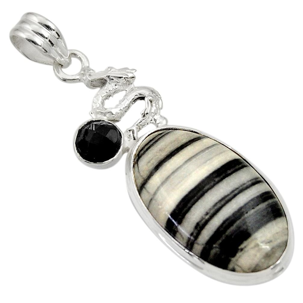 19.23cts natural black zebra jasper onyx 925 sterling silver pendant d33777