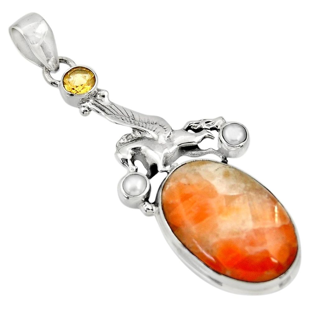 24.08cts natural orange calcite citrine 925 sterling silver horse pendant d33778