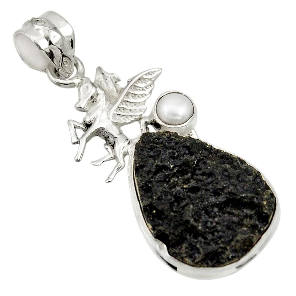 16.54cts natural black tektite pearl 925 sterling silver unicorn pendant d33782