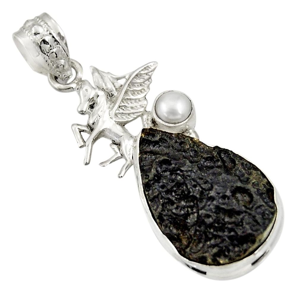 925 sterling silver 17.22cts natural black tektite pearl unicorn pendant d33784