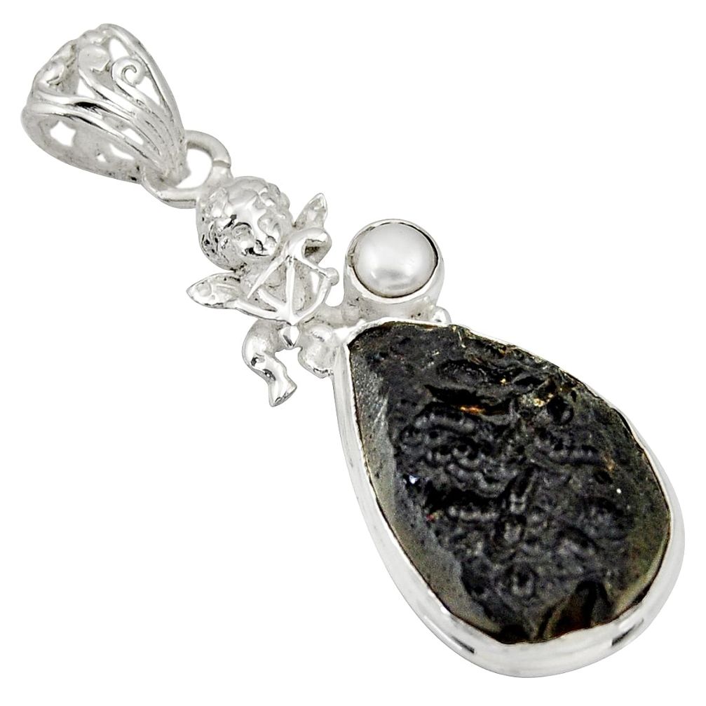 19.72cts natural black tektite pearl 925 sterling silver angel pendant d33786