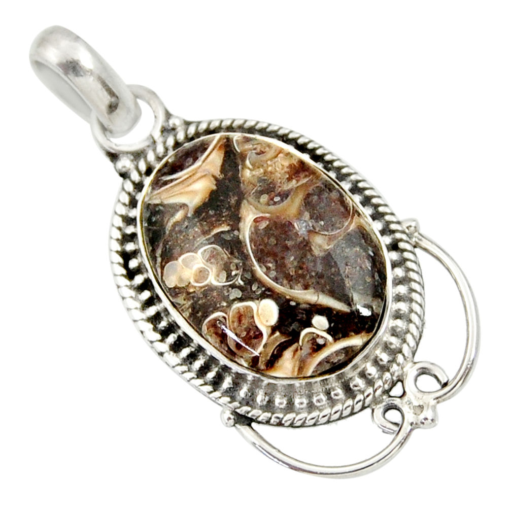 12.22cts natural brown turritella fossil snail agate 925 silver pendant d33846