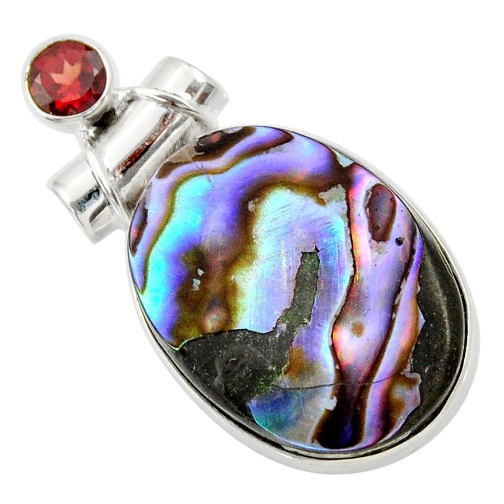 925 silver 19.99cts natural green abalone paua seashell garnet pendant d33878