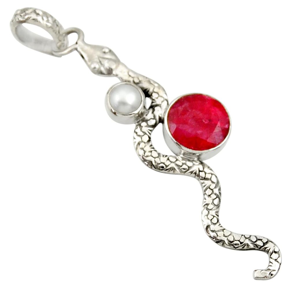 5.63cts natural red ruby white pearl 925 sterling silver snake pendant d33894