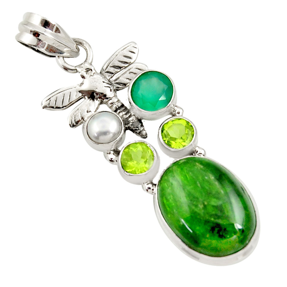  green chrome diopside pearl 925 silver dragonfly pendant d36202