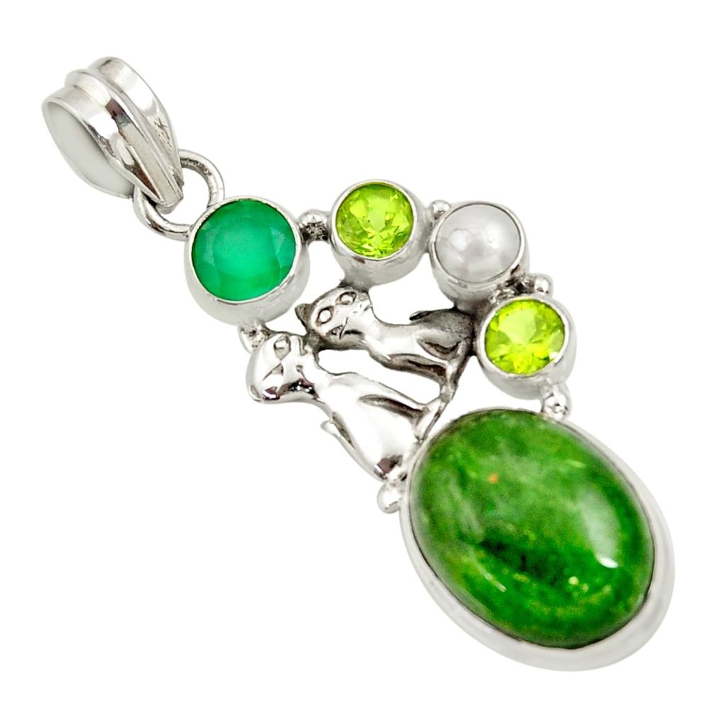  green chrome diopside pearl 925 silver two cats pendant d36208