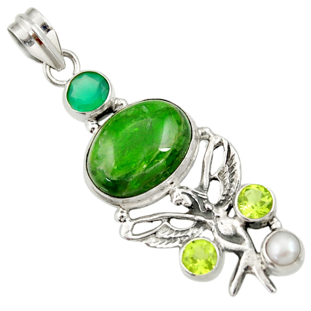 15.76cts natural green chrome diopside silver angel wings fairy pendant d36218