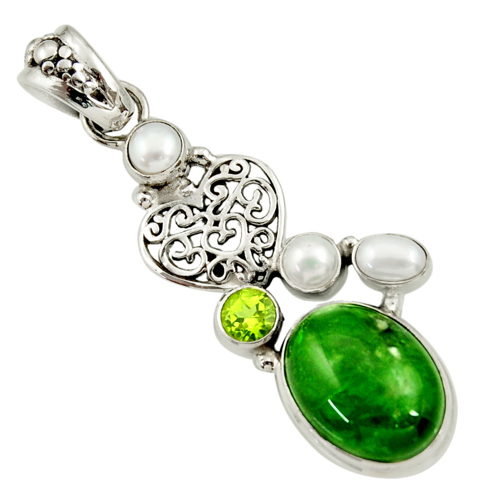 925 silver 14.45cts natural green chrome diopside peridot pearl pendant d36219