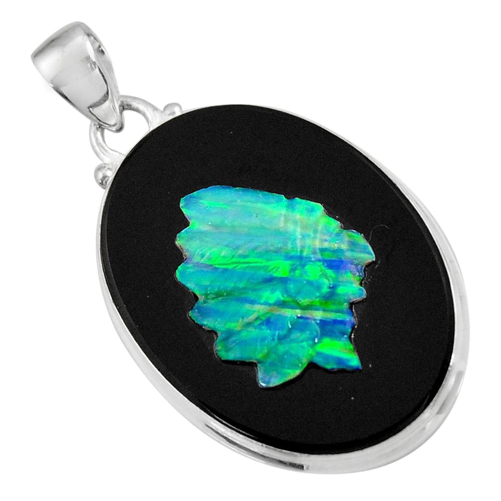 17.93cts natural black opal cameo on black onyx 925 silver pendant d36223