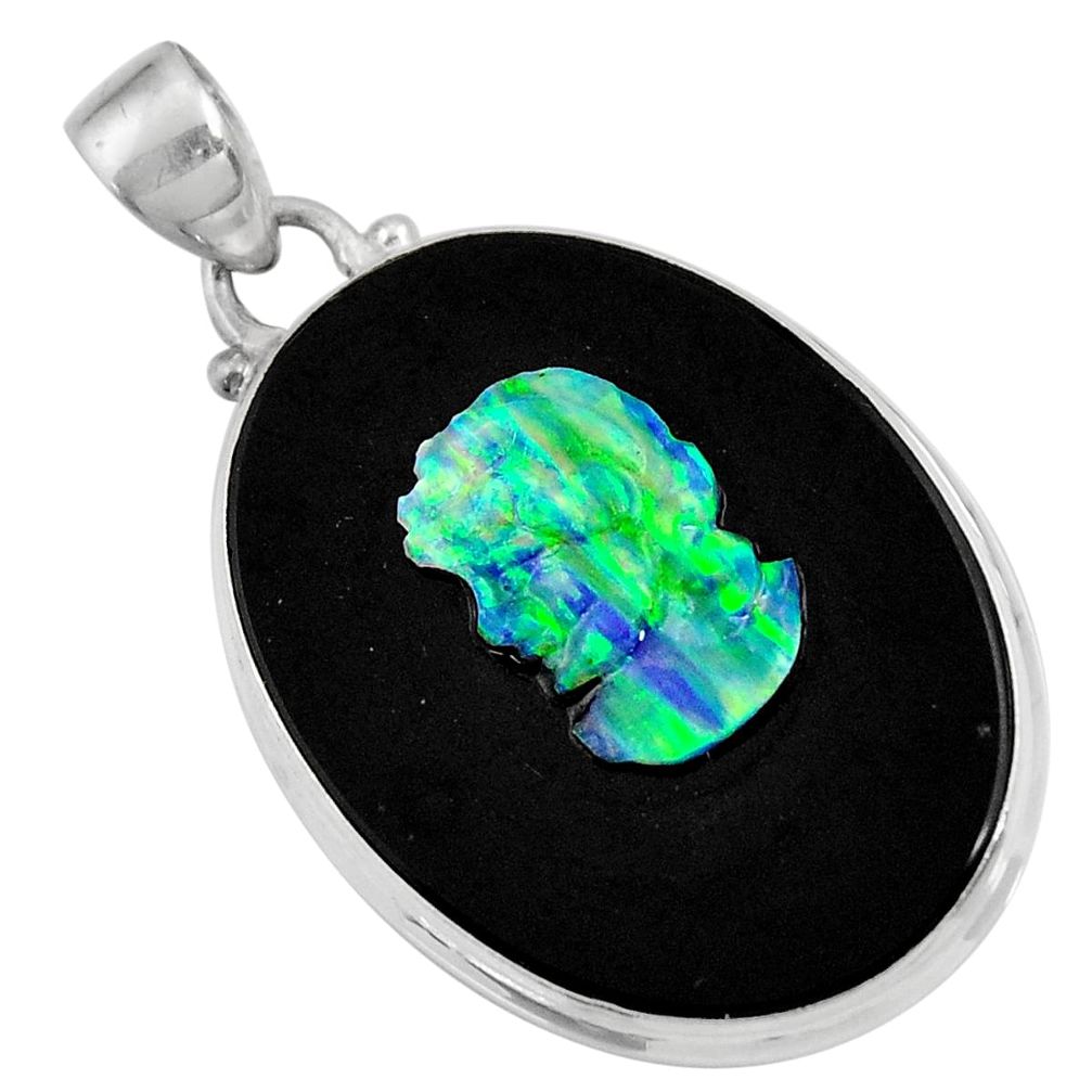 16.87cts lady face natural black opal cameo on black onyx silver pendant d36224