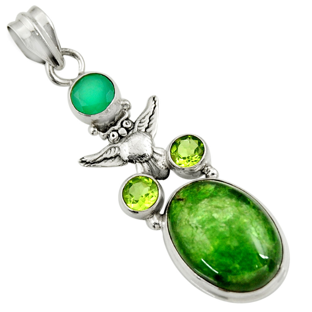 15.97cts natural green chrome diopside chalcedony 925 silver owl pendant d36234