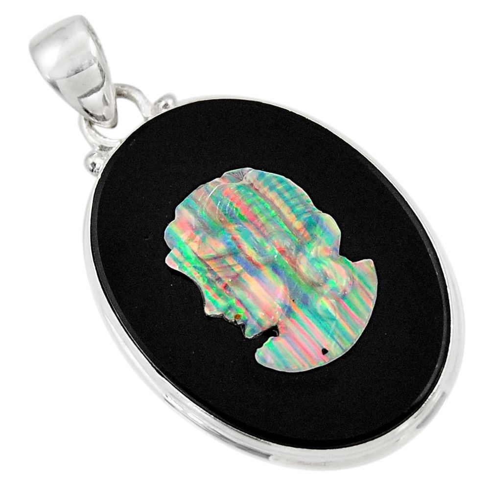 ce natural black opal cameo on black onyx silver pendant d36241