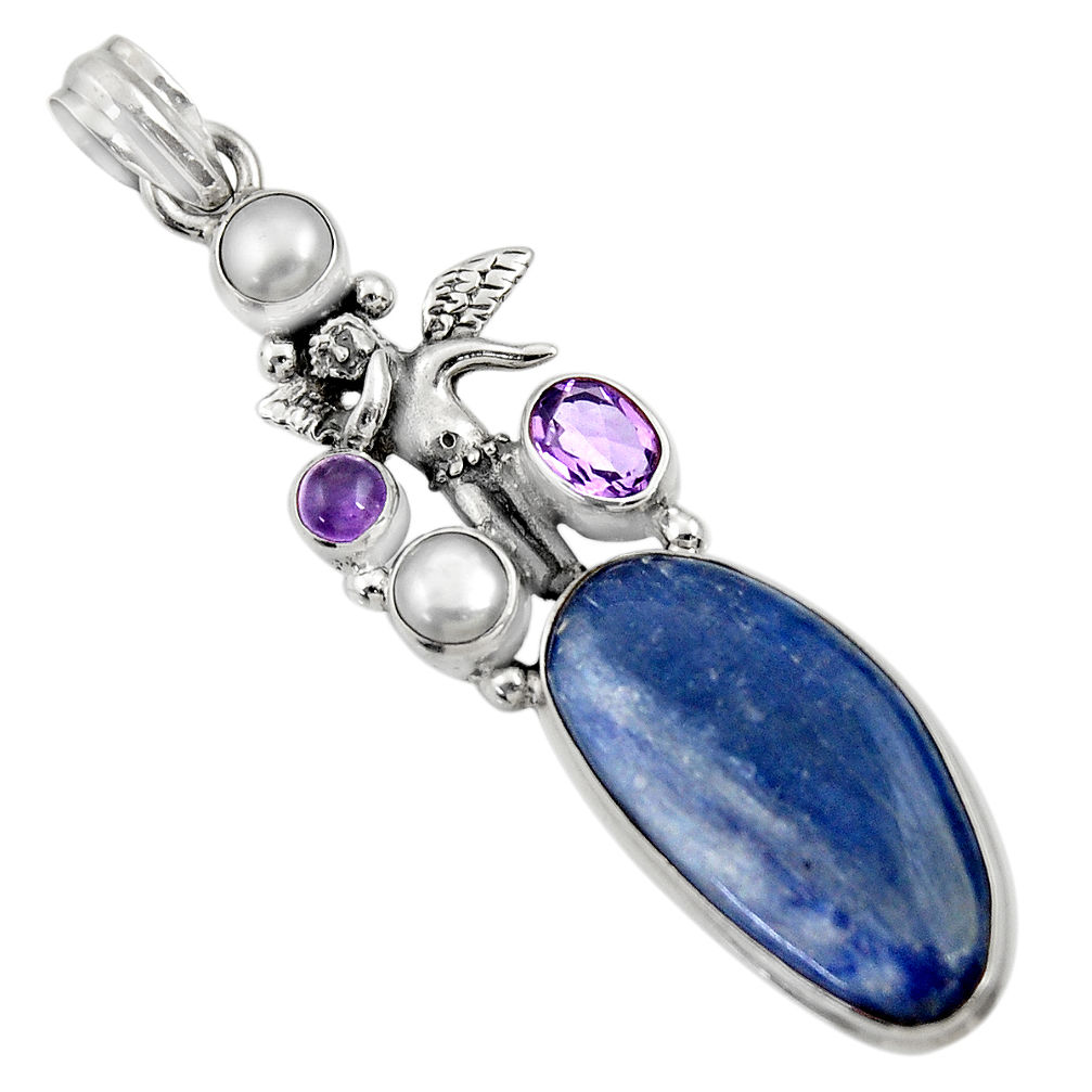 925 silver 22.22cts natural blue kyanite pearl angel wings fairy pendant d36248