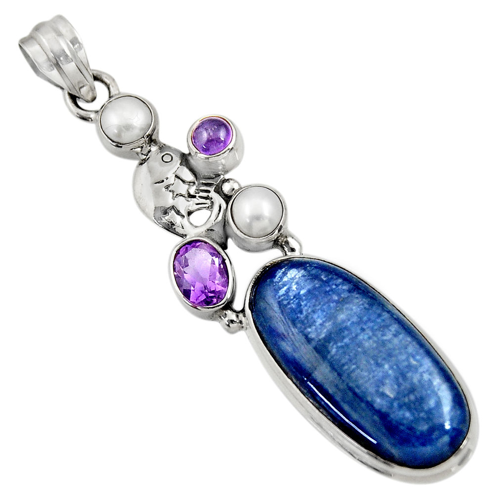 925 sterling silver 25.71cts natural blue kyanite amethyst pearl pendant d36258